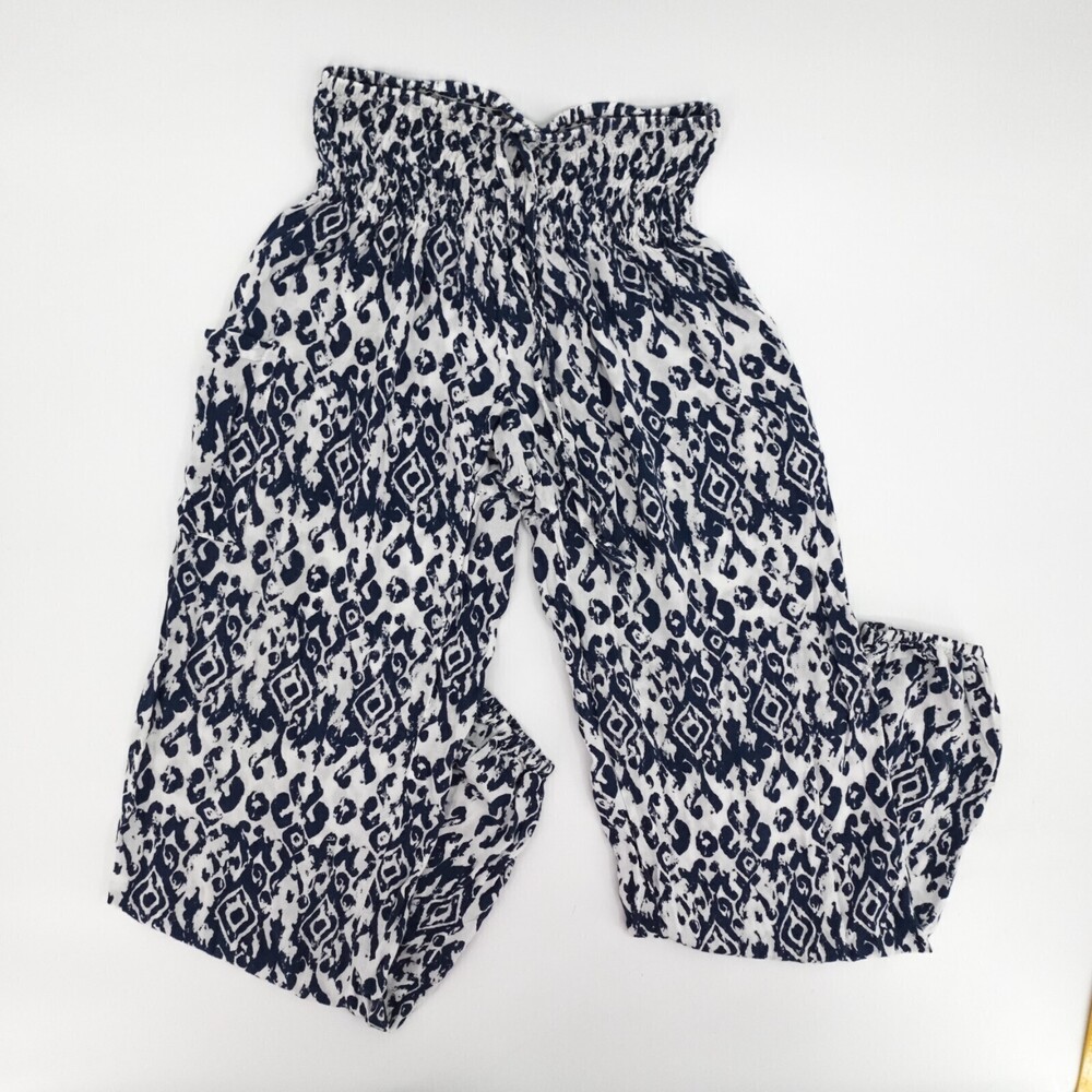 Paradise Island Pants Womens 0-12 Black White Smocked Pull on Loose Harem Boho